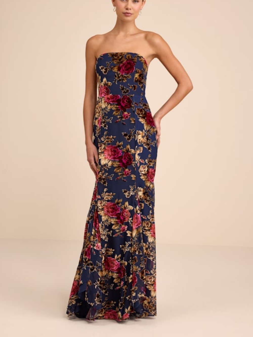 Lulus Anoah Navy Floral Velvet Burnout Strapless Maxi Dress Blue - Size S